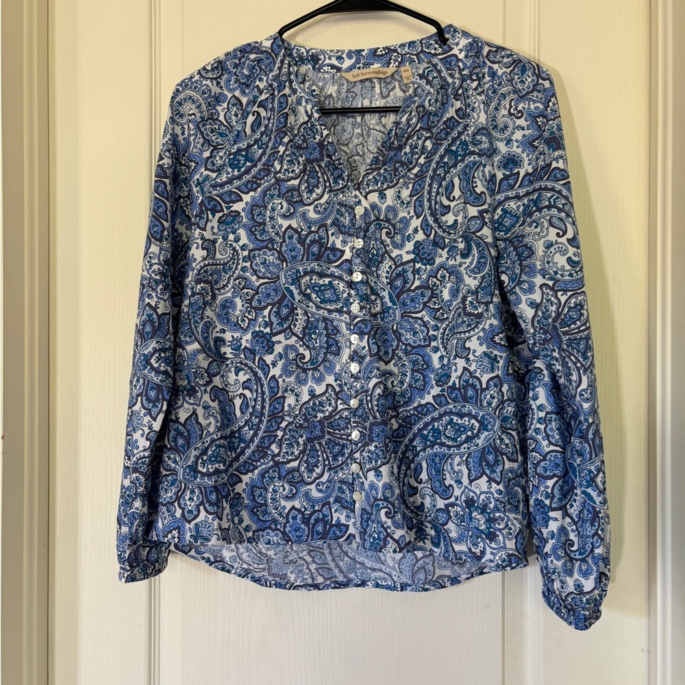 Soft Surroundings Paisley Button Front Top Blue White PXS